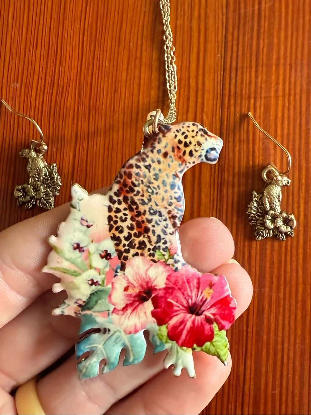 Leopard necklace, leopard earrings, leopard jewelry set, sweater necklace